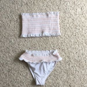 Orange and white bandeau ruched bikini